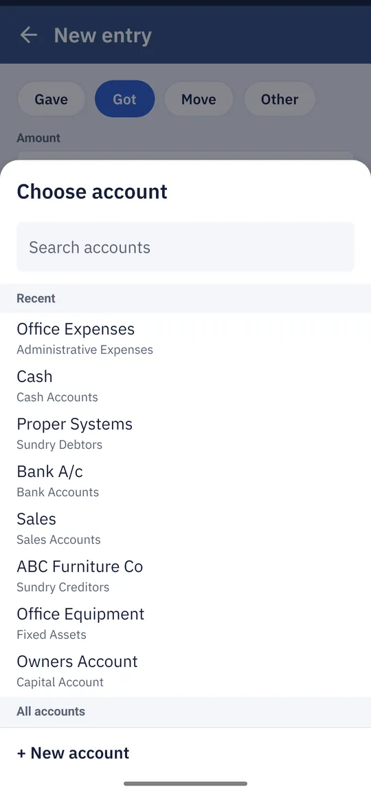 New entry screen with Gave, Got, Move and Other, and a searchable account list