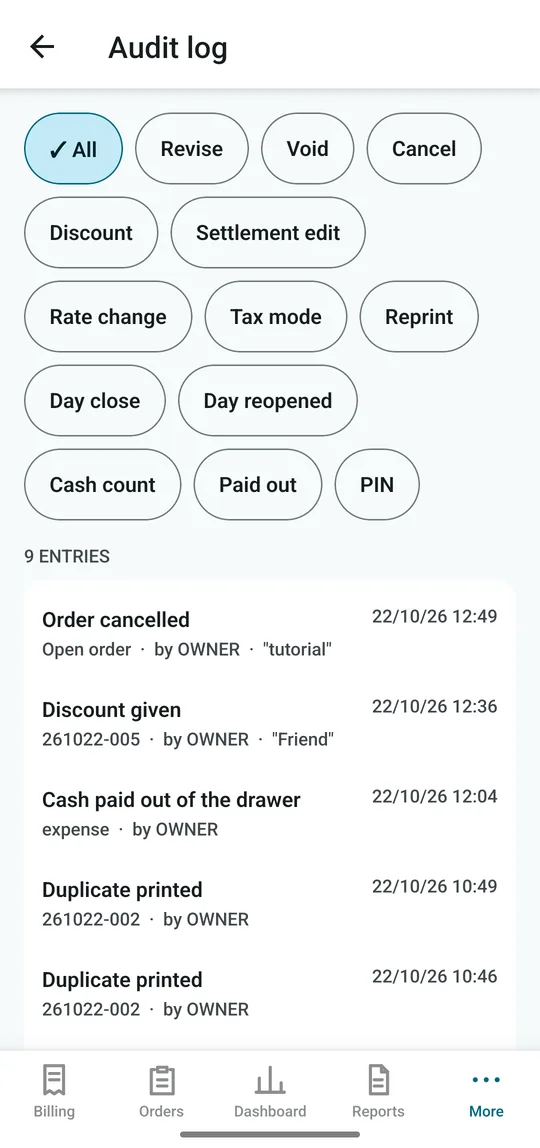 Audit log of cancelled orders, discounts and reprints with time and reason