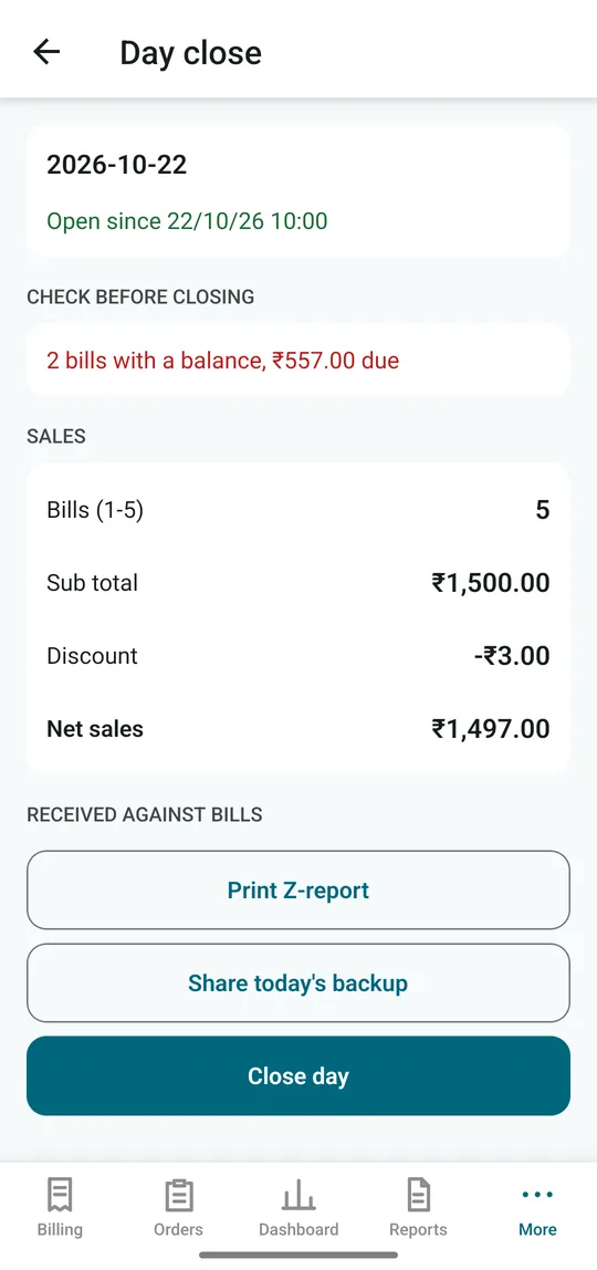 Day close screen