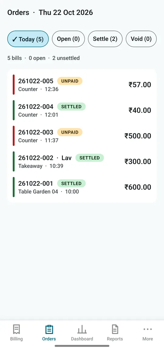 Orders list with settled and unpaid bills