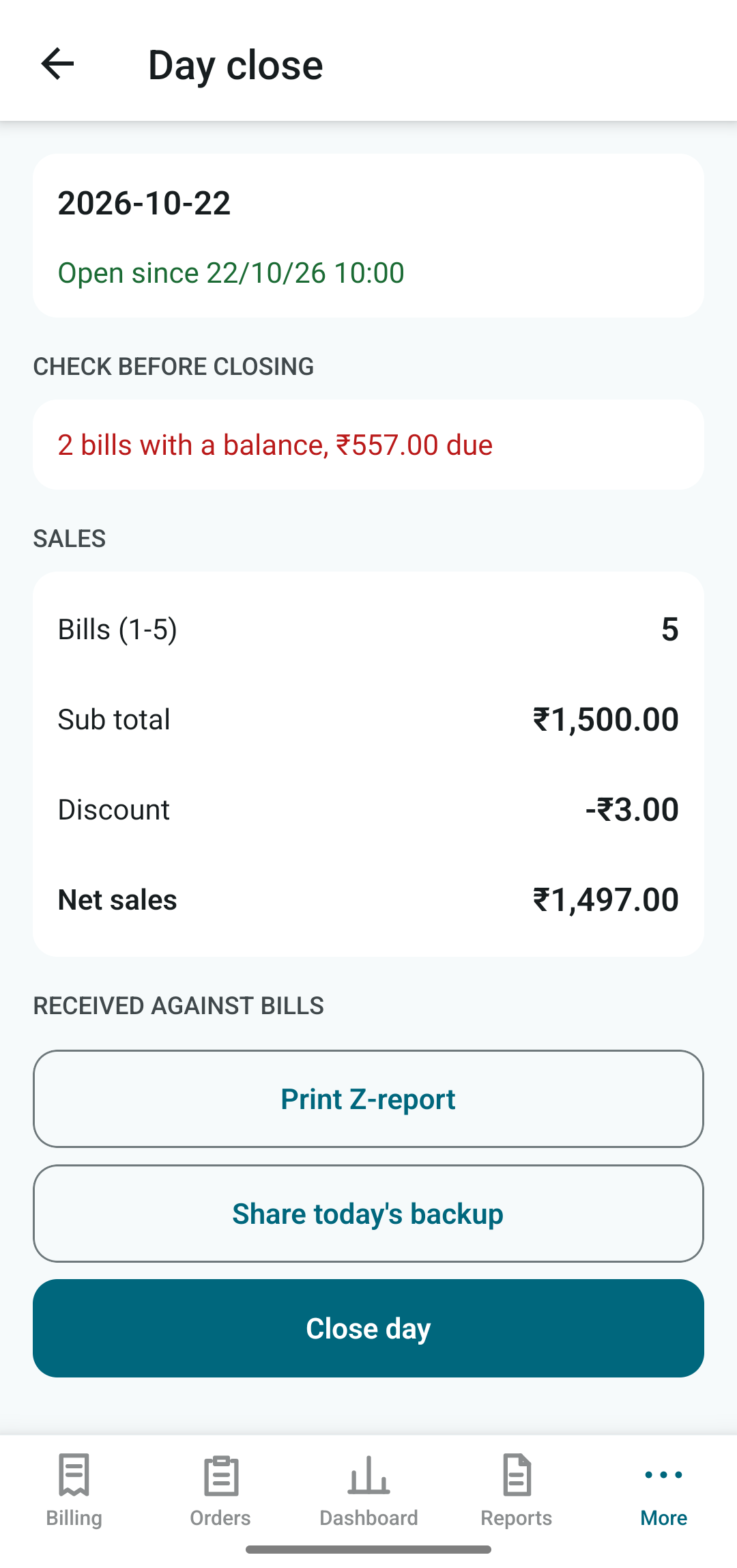 Day close screen