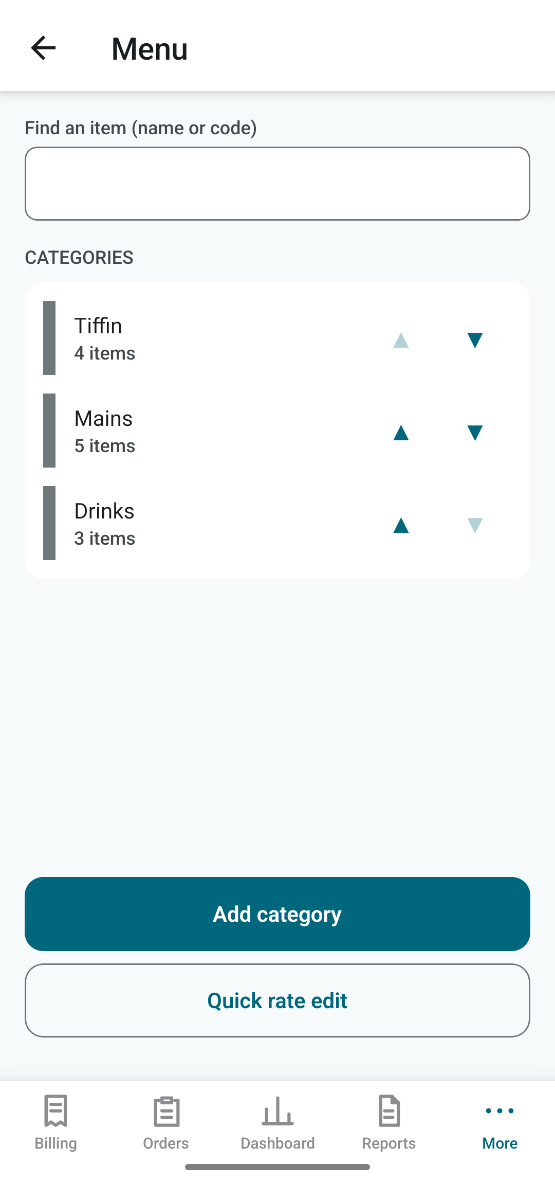 Menu categories